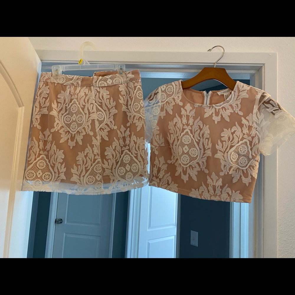 Windsor crop top with mini skirt . White with blush undertone. X-small.